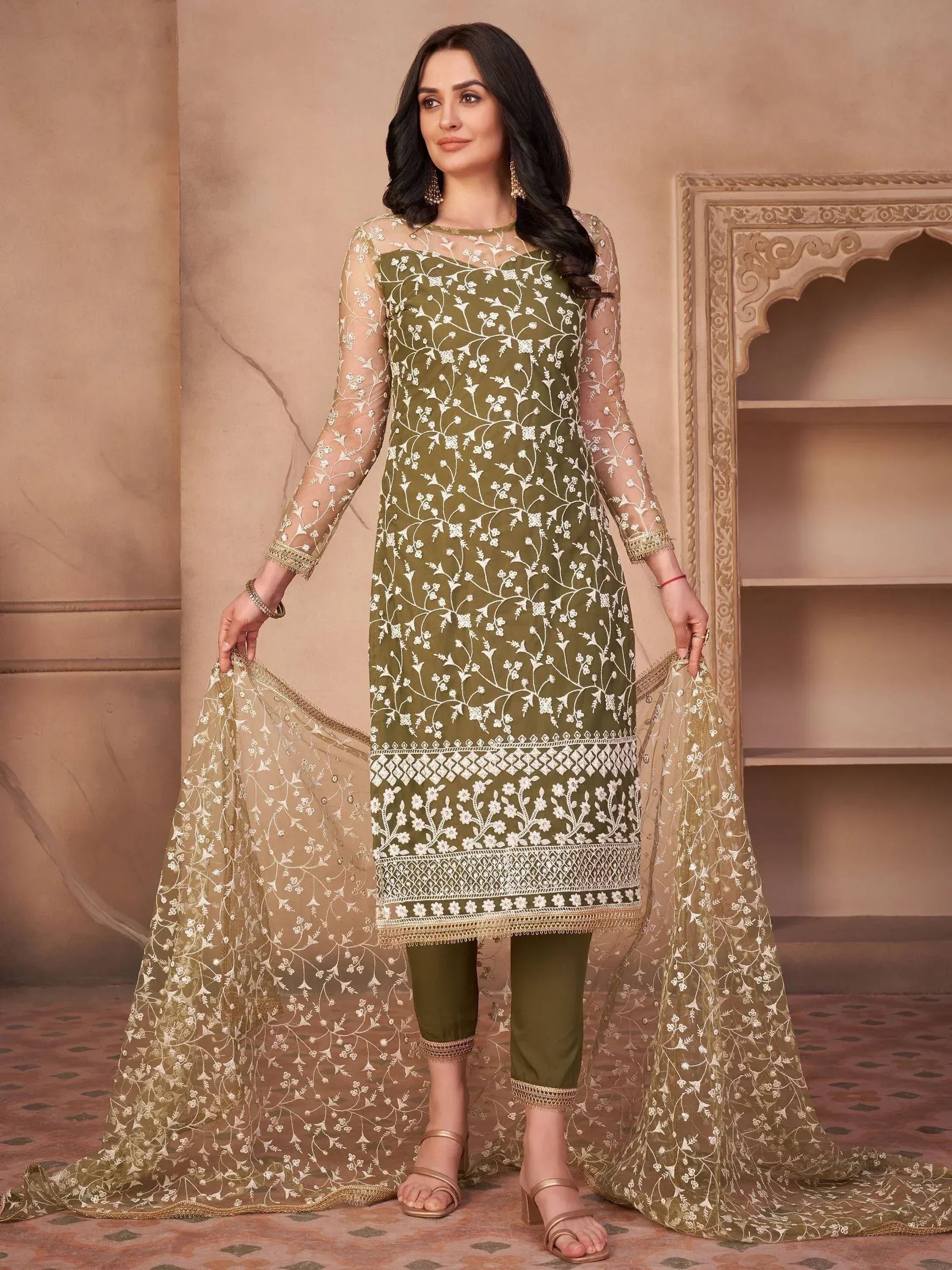 Olive green embroidered salwar kameez with sheer sleeves and floral dupatta, perfect for ethnic occasions.