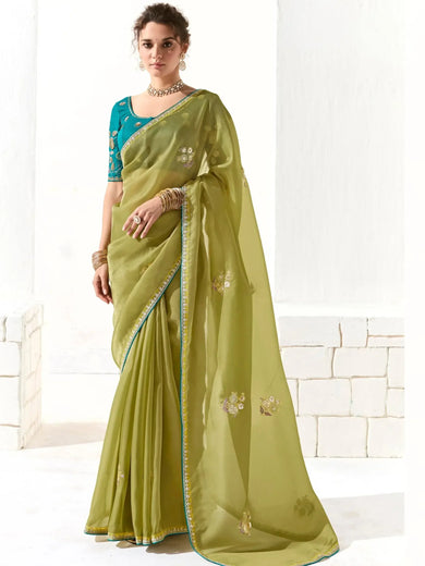 Charming Light Green Thread Work Tissue Silk Mehendi Wear Saree
