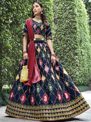 Outstanding Navy Blue Embroidery Silk Bridesmaid Lehenga Choli