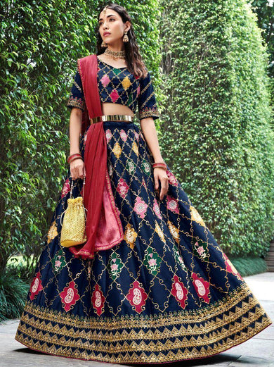 Outstanding Navy Blue Embroidery Silk Bridesmaid Lehenga Choli
