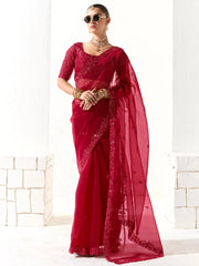 Lovely Red Sequins Work Tissue Silk Bridal Wear Saree With Blouse