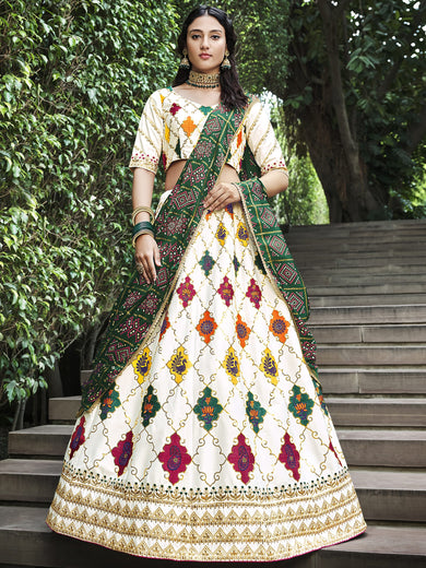 Capricious White Sequins Embroidery Silk Lehenga Choli With Blouse