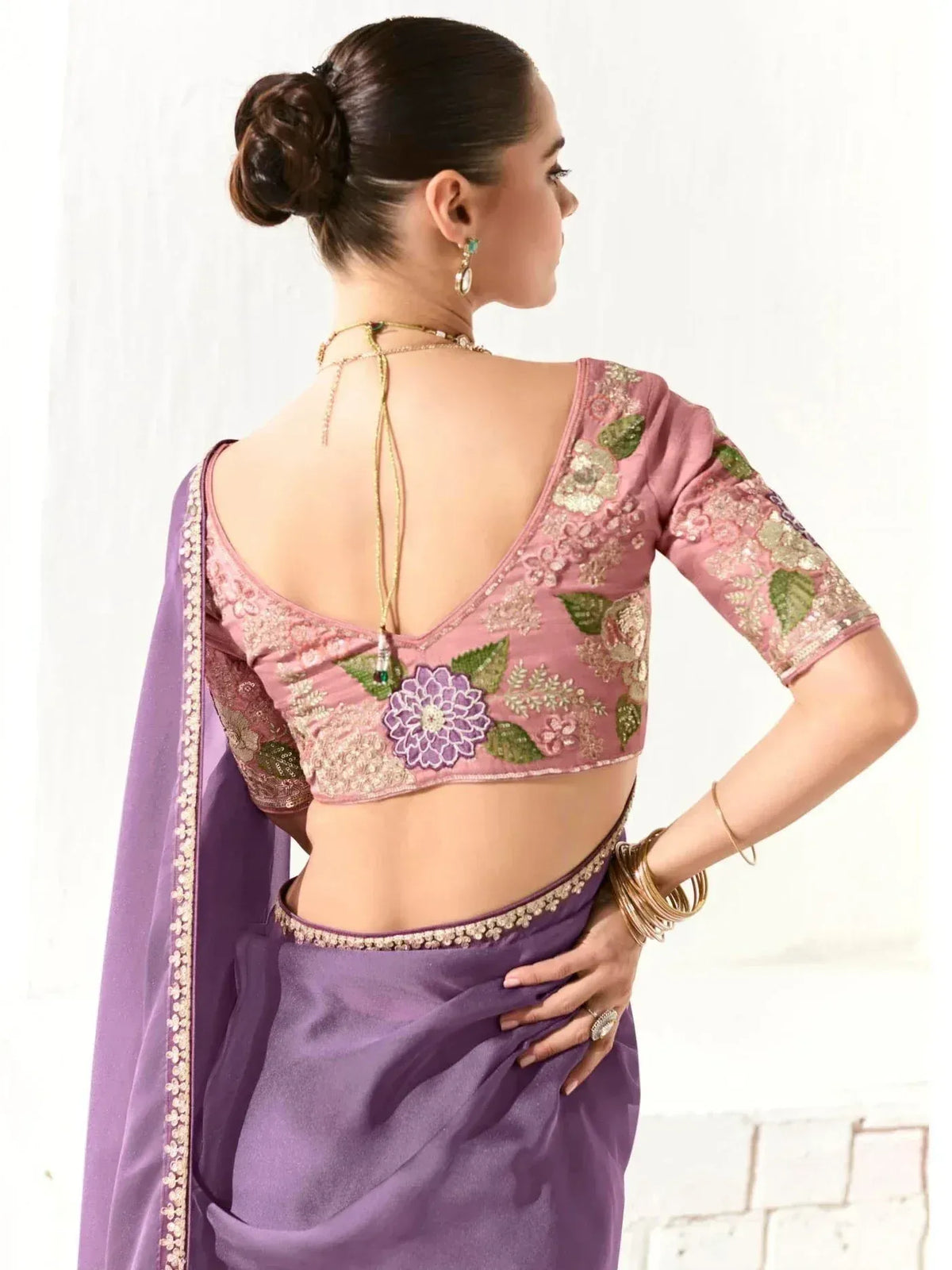 Purple saree with pink floral embroidered blouse, backless design, ethnic wear