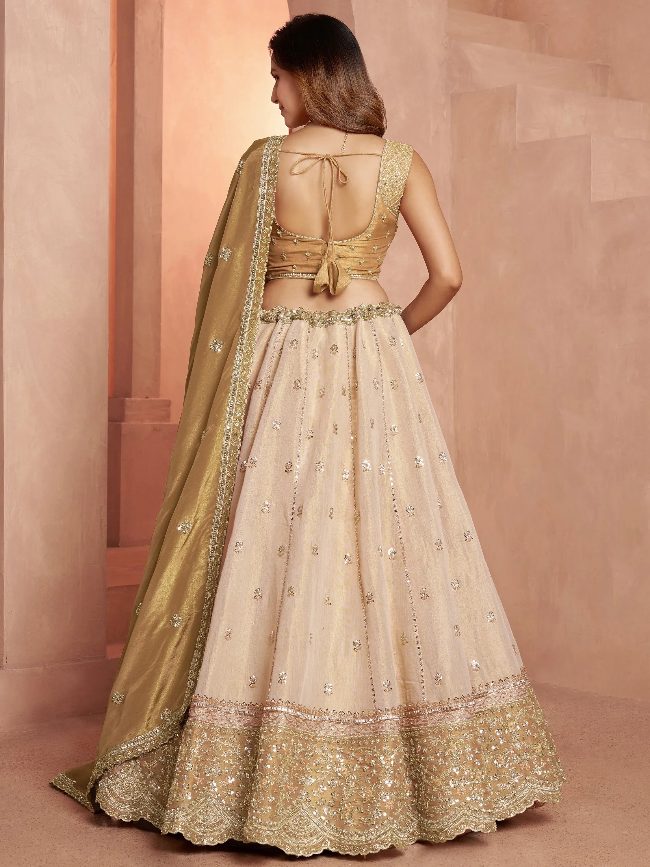 Luxurious Golden Bead Work Tissue Sangeet Wear Lehenga With Blouse