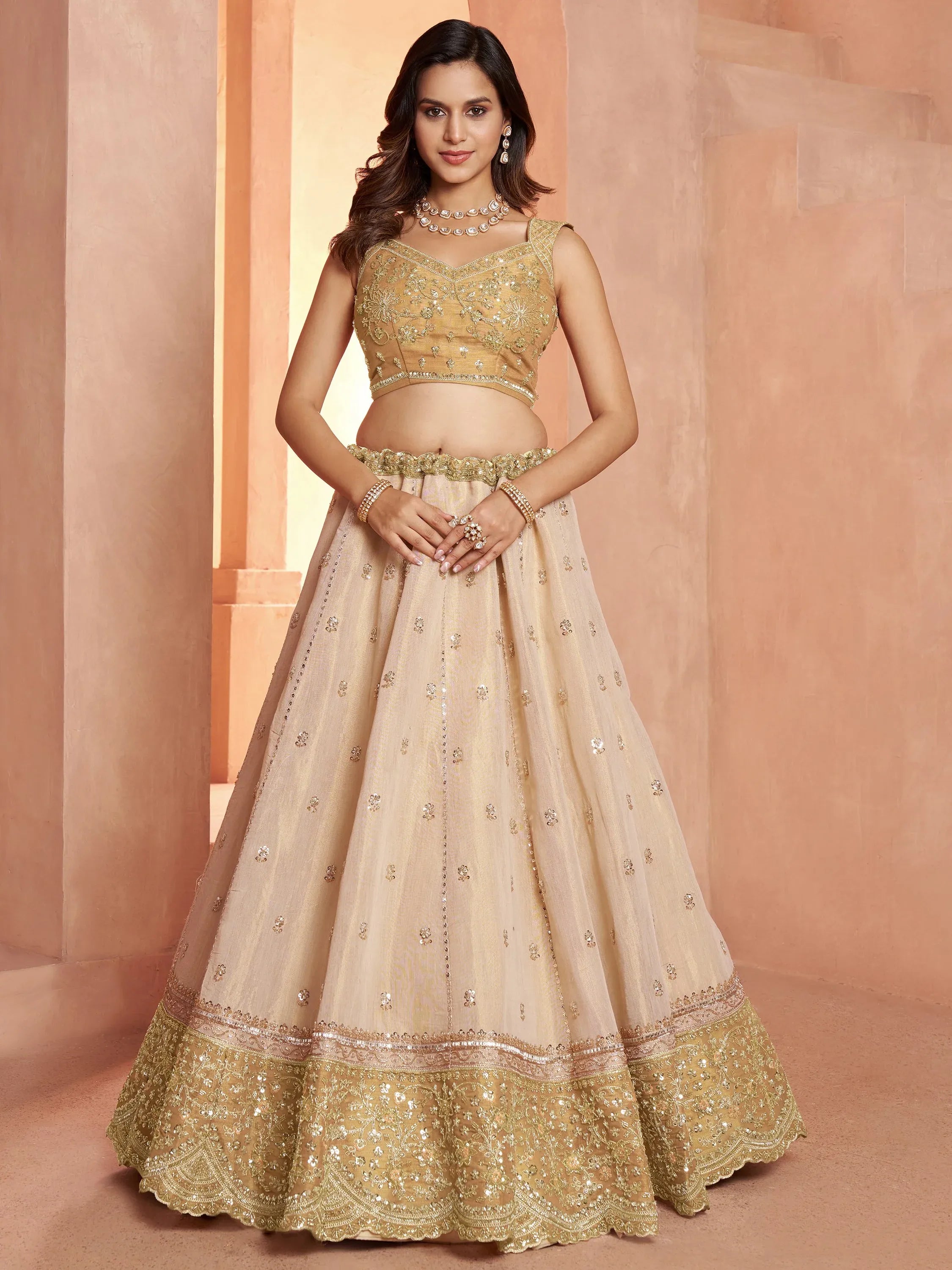 Luxurious Golden Bead Work Tissue Sangeet Wear Lehenga With Blouse