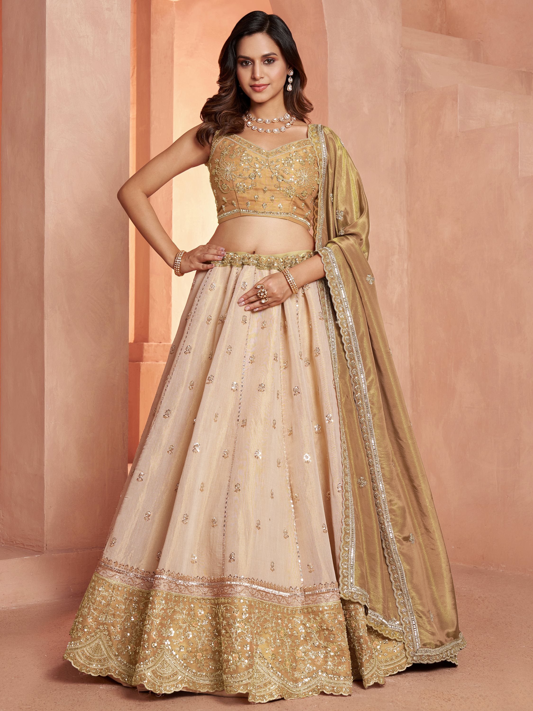 Luxurious Golden Bead Work Tissue Sangeet Wear Lehenga With Blouse