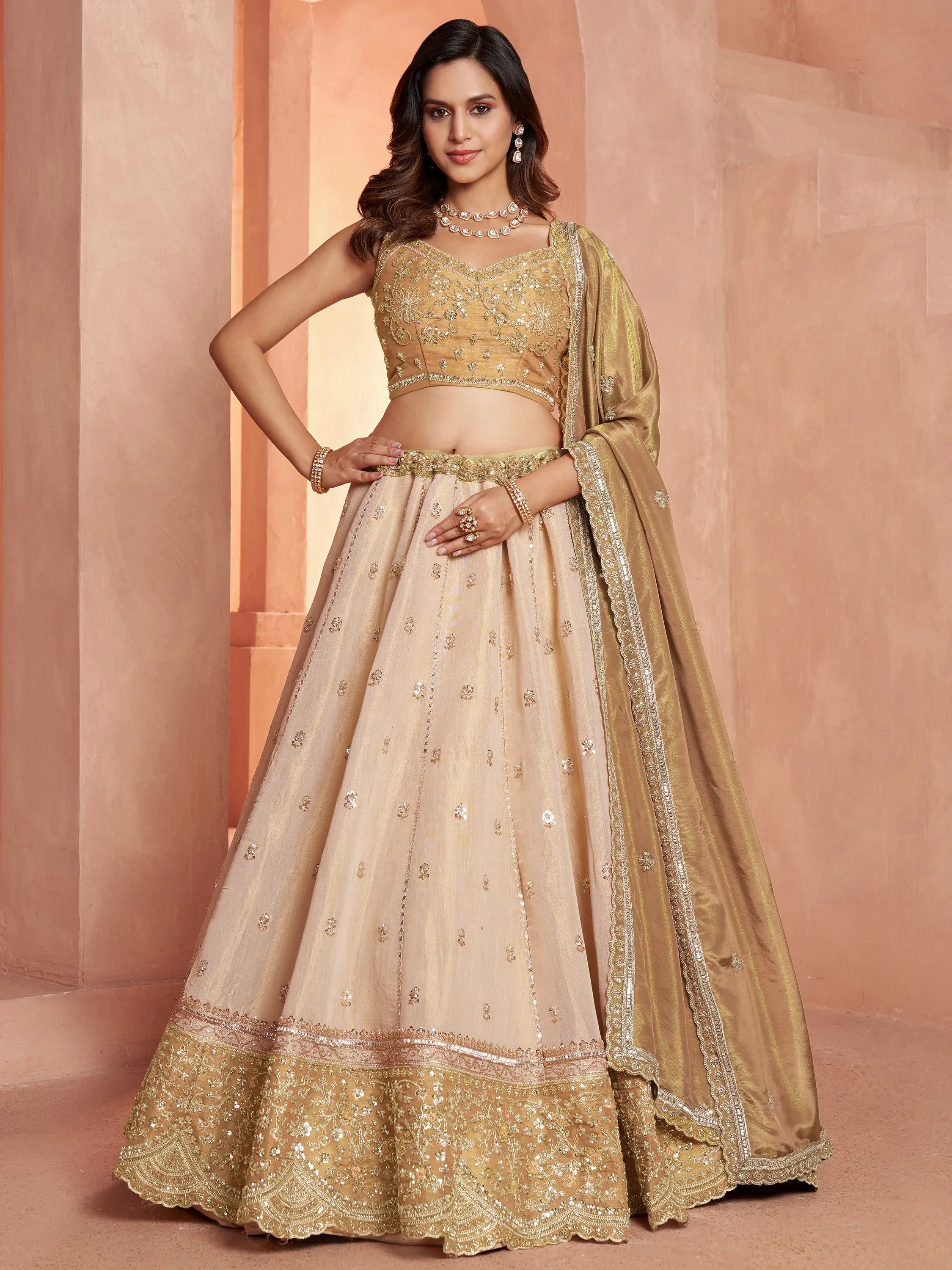 Luxurious Golden Bead Work Tissue Sangeet Wear Lehenga With Blouse