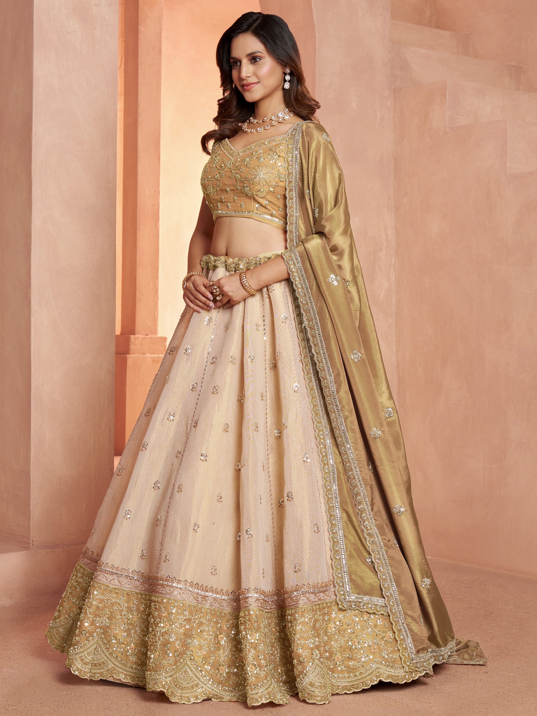 Luxurious Golden Bead Work Tissue Sangeet Wear Lehenga With Blouse