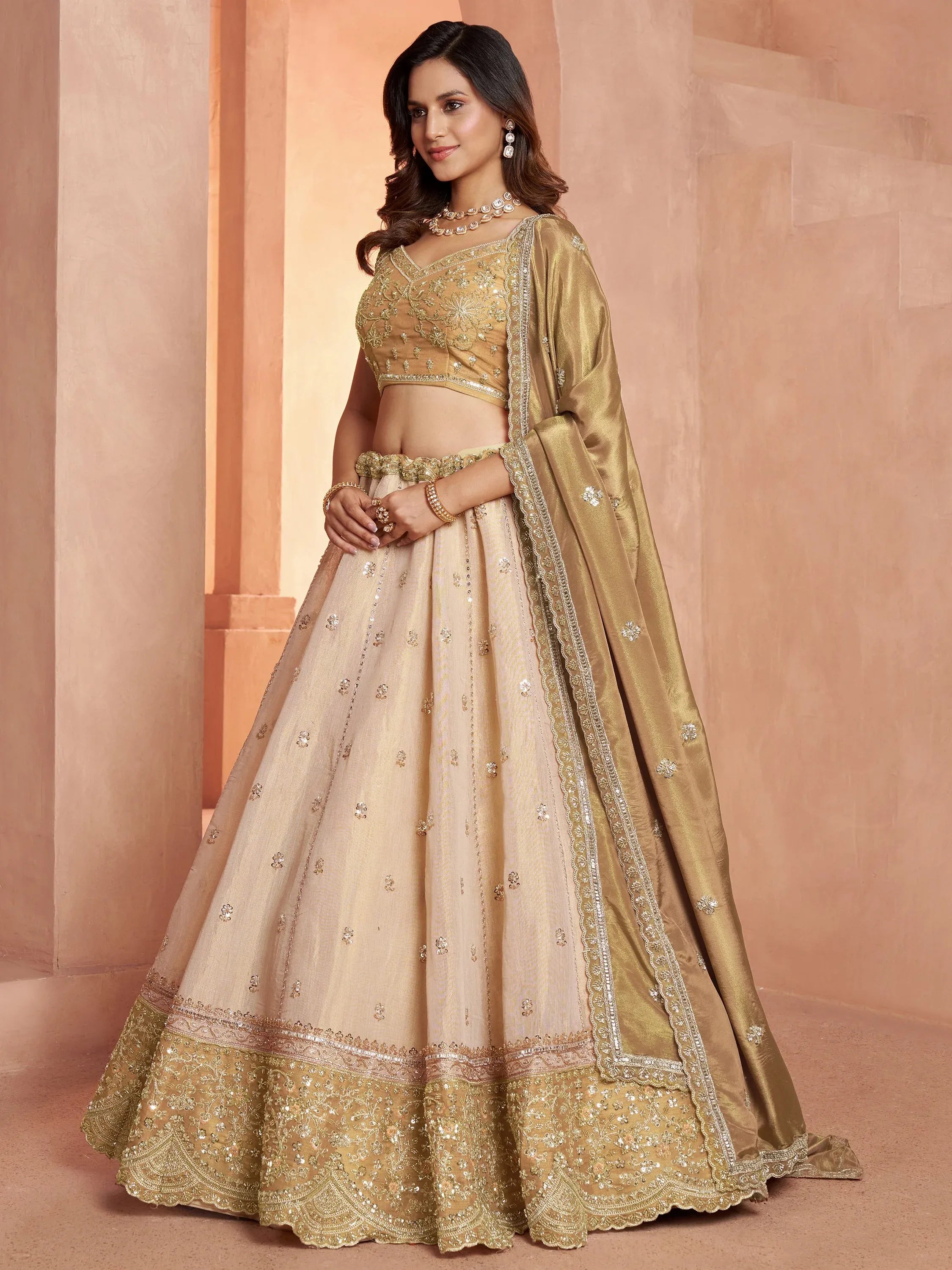 Luxurious Golden Bead Work Tissue Sangeet Wear Lehenga With Blouse