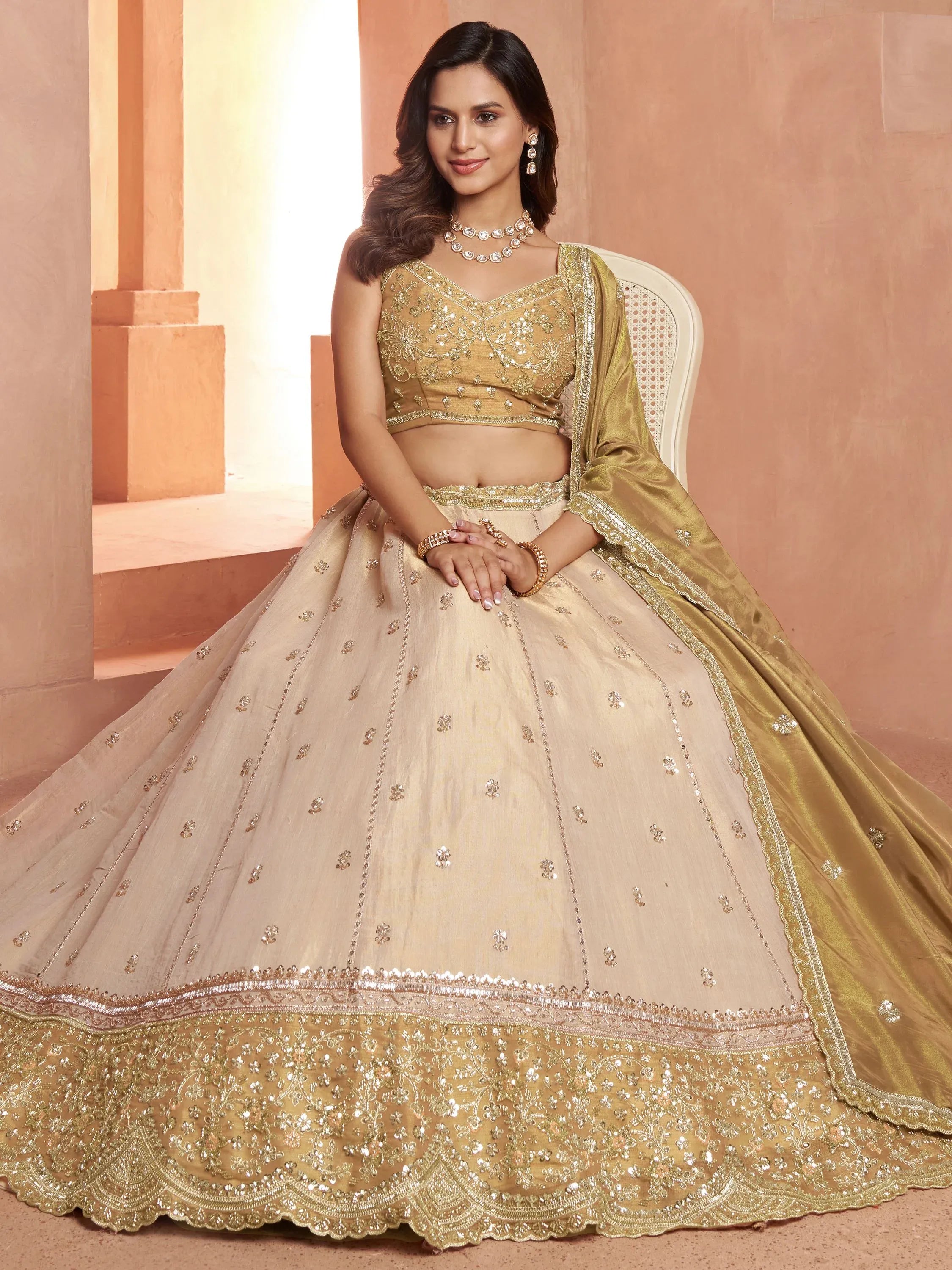 Luxurious Golden Bead Work Tissue Sangeet Wear Lehenga With Blouse