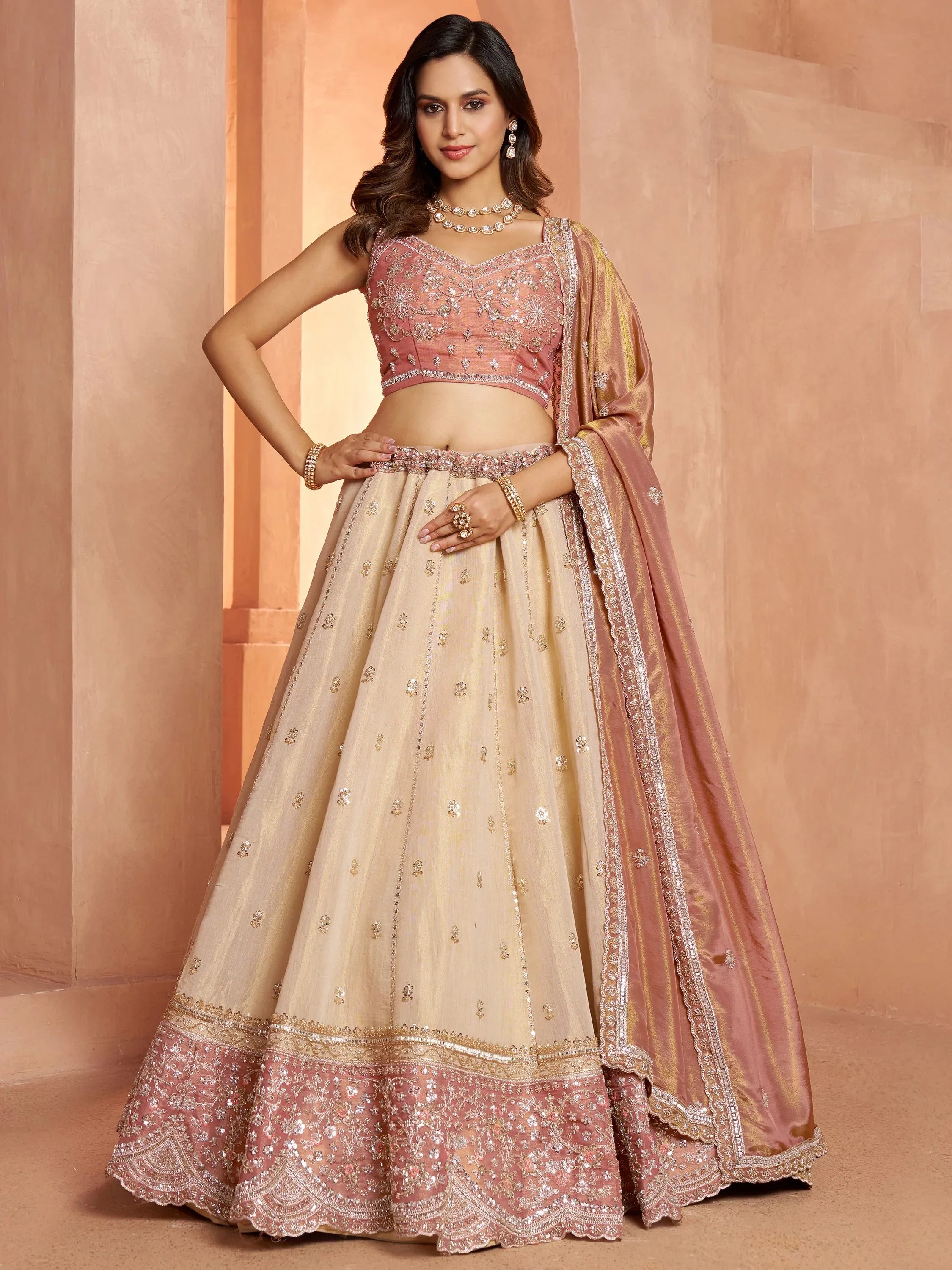 Spectacular Peach Dori Embroidery Tissue Wedding Wear Lehenga Choli