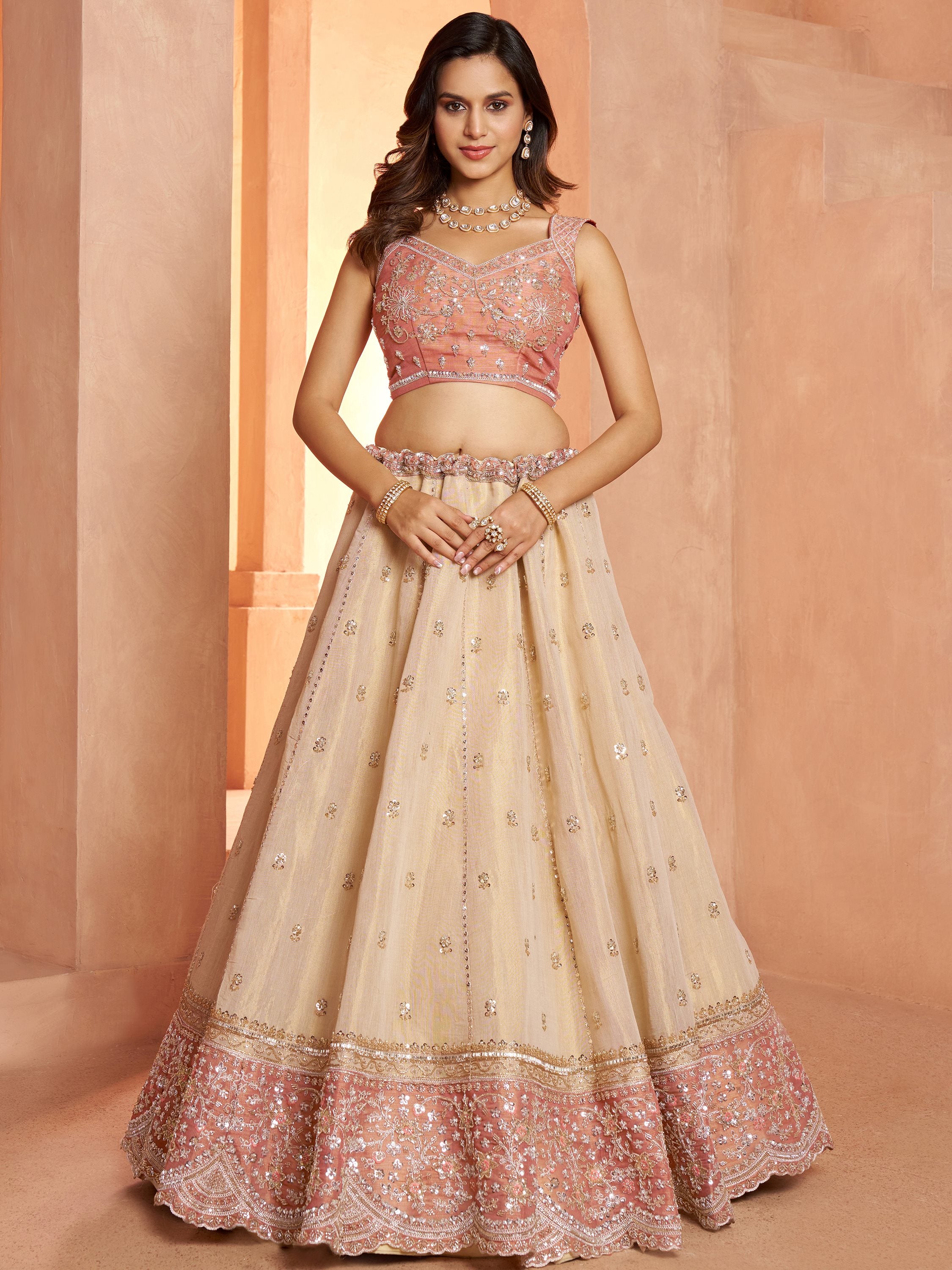 Spectacular Peach Dori Embroidery Tissue Wedding Wear Lehenga Choli