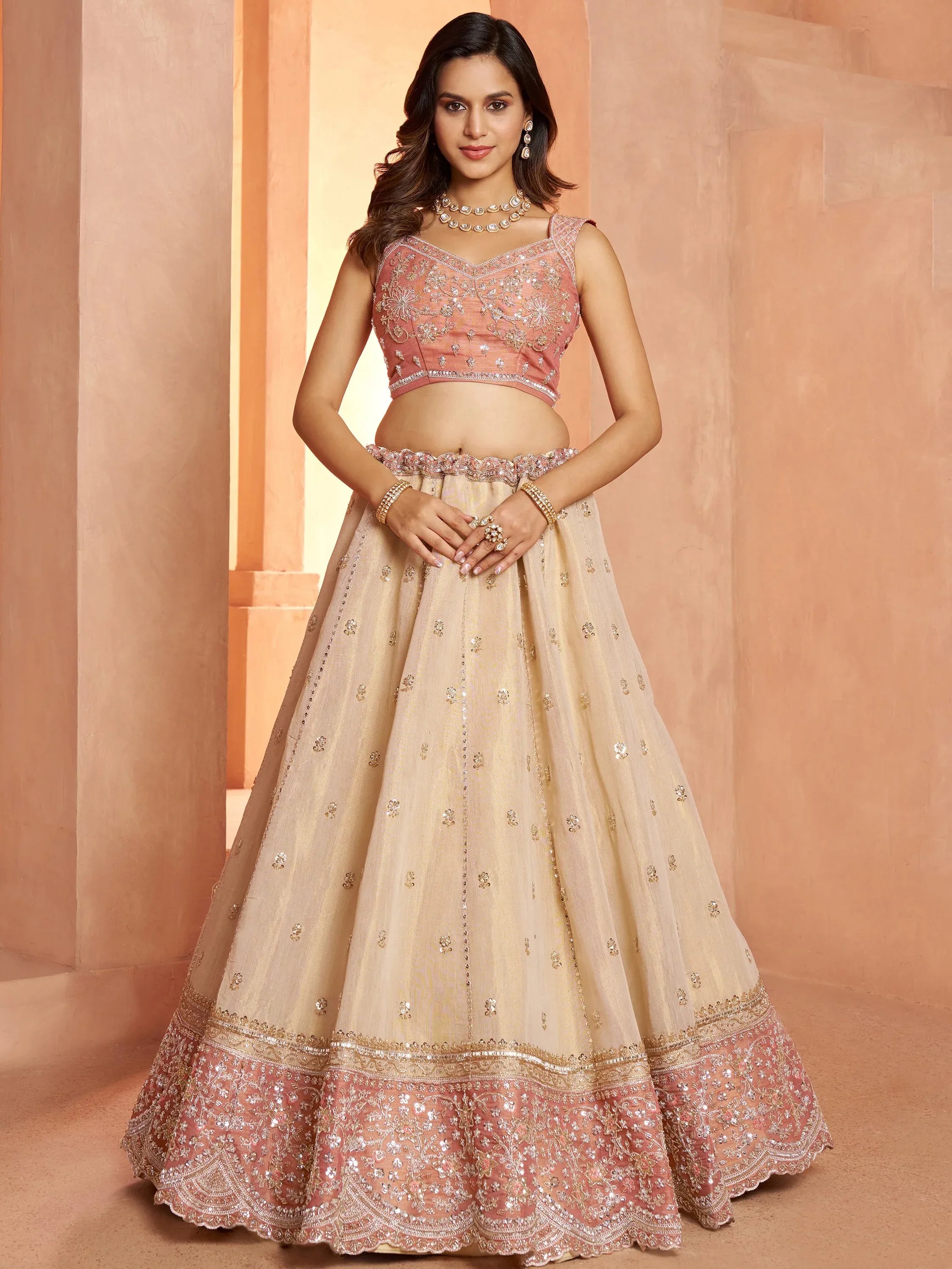 Spectacular Peach Dori Embroidery Tissue Wedding Wear Lehenga Choli