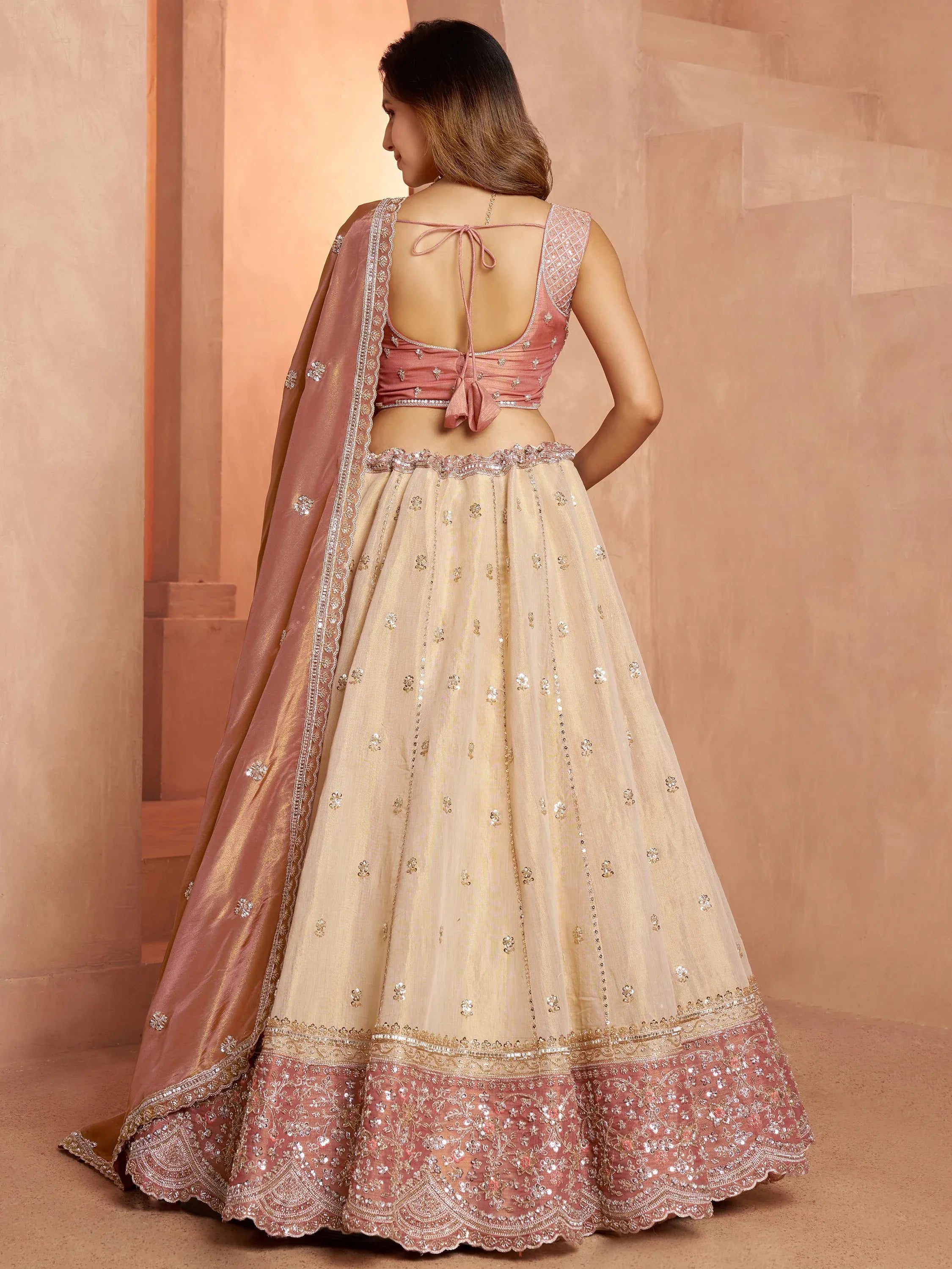 Spectacular Peach Dori Embroidery Tissue Wedding Wear Lehenga Choli