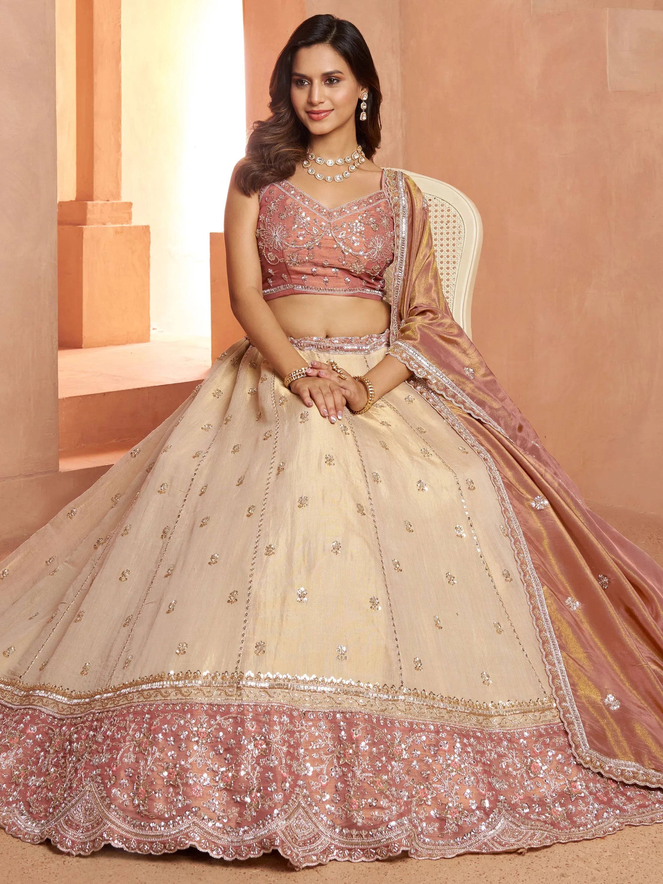 Spectacular Peach Dori Embroidery Tissue Wedding Wear Lehenga Choli
