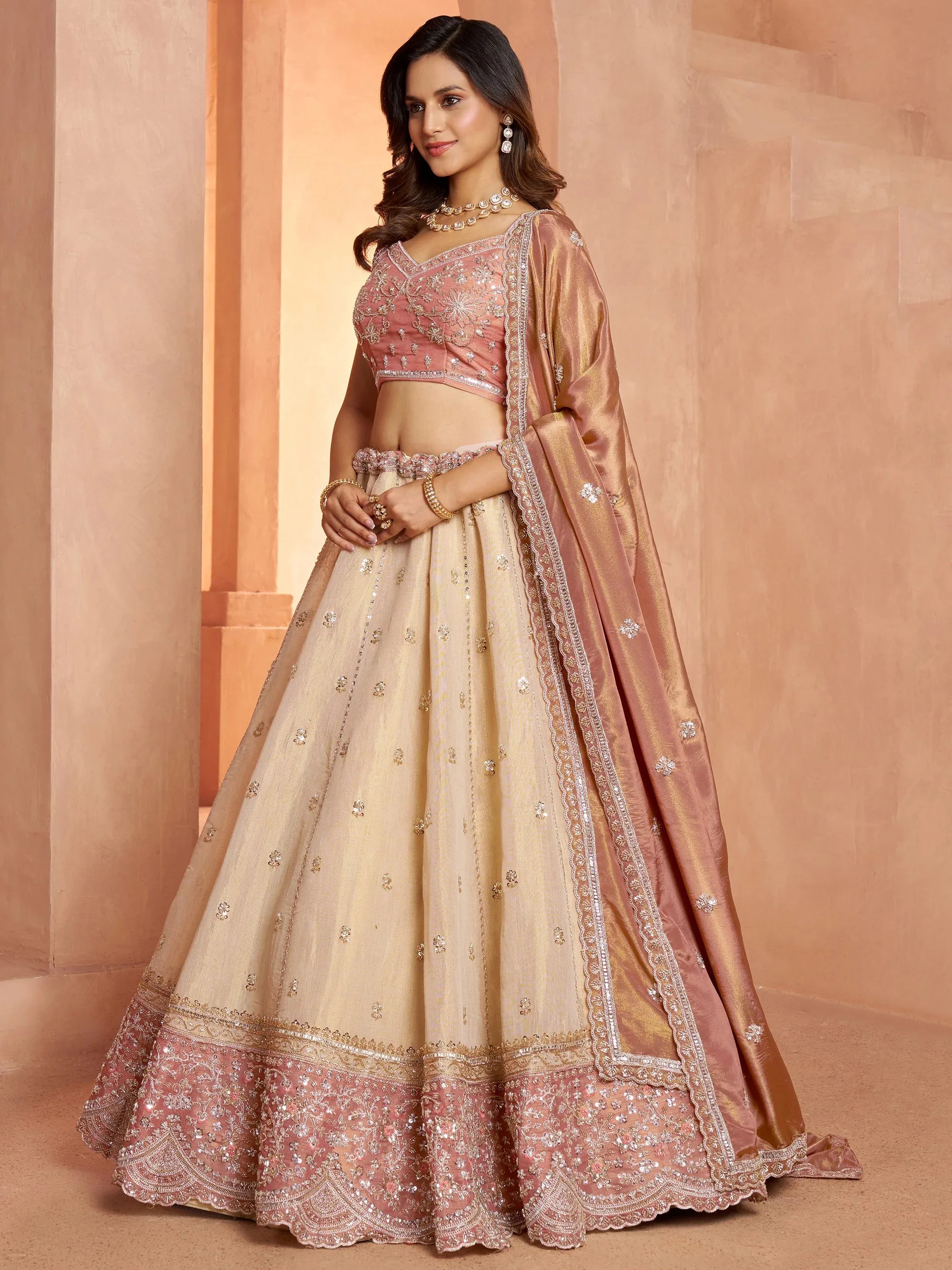 Spectacular Peach Dori Embroidery Tissue Wedding Wear Lehenga Choli
