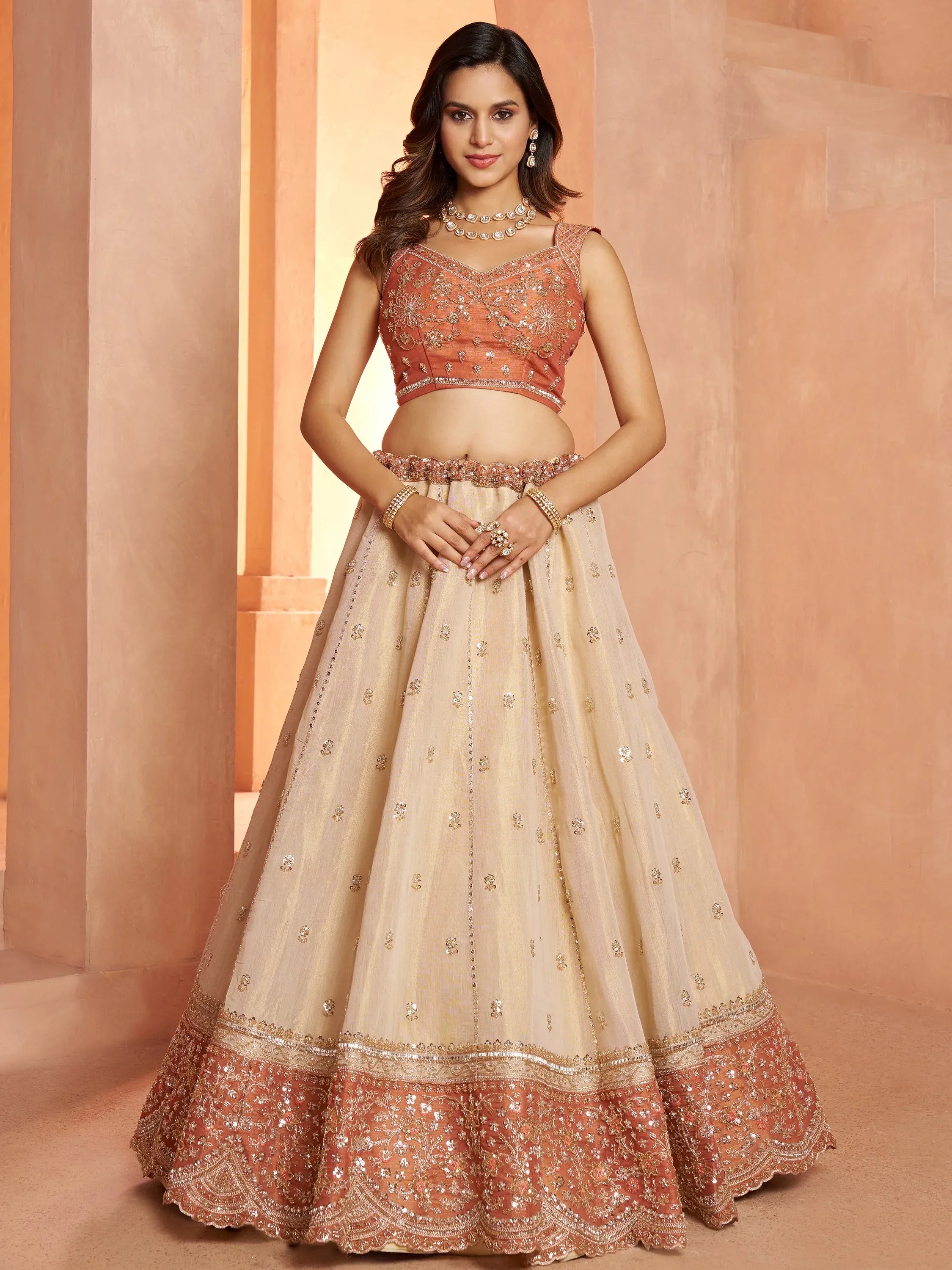 Magnificent Rust Embroidered Tissue Function Wear Lehenga Choli