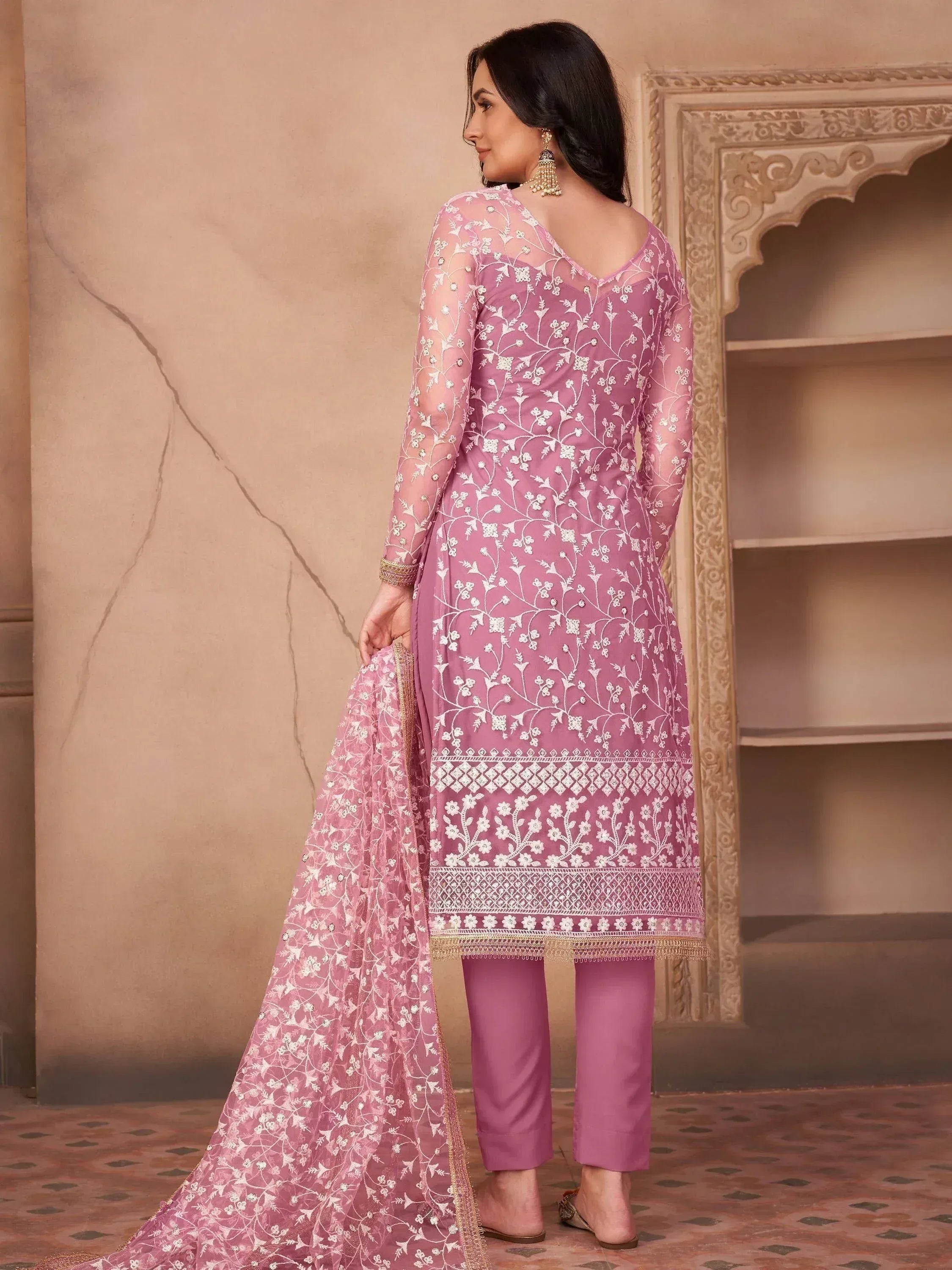 Pink embroidered salwar kameez with floral work and matching dupatta, Indian ethnic wear