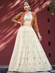 Enchanting Beige Sequinced Chiffon Wedding Lehenga Choli with Jacket