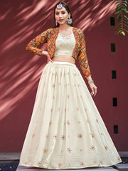 Enchanting Beige Sequinced Chiffon Wedding Lehenga Choli with Jacket