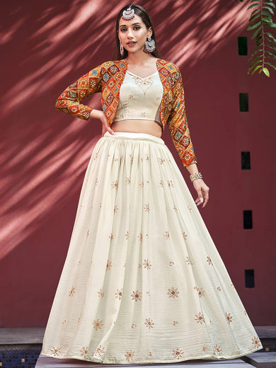 Enchanting Beige Sequinced Chiffon Wedding Lehenga Choli with Jacket