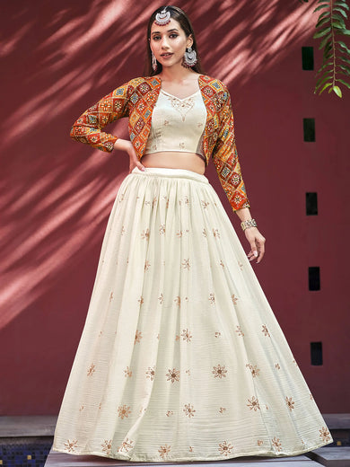 Enchanting Beige Sequinced Chiffon Wedding Lehenga Choli with Jacket