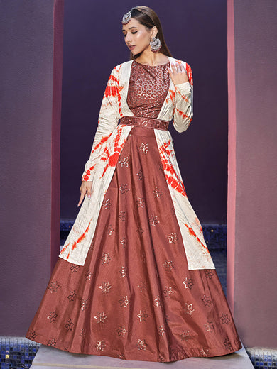 Fascinating Rustic Orange Sequinced Silk Lehenga Choli With Jacket