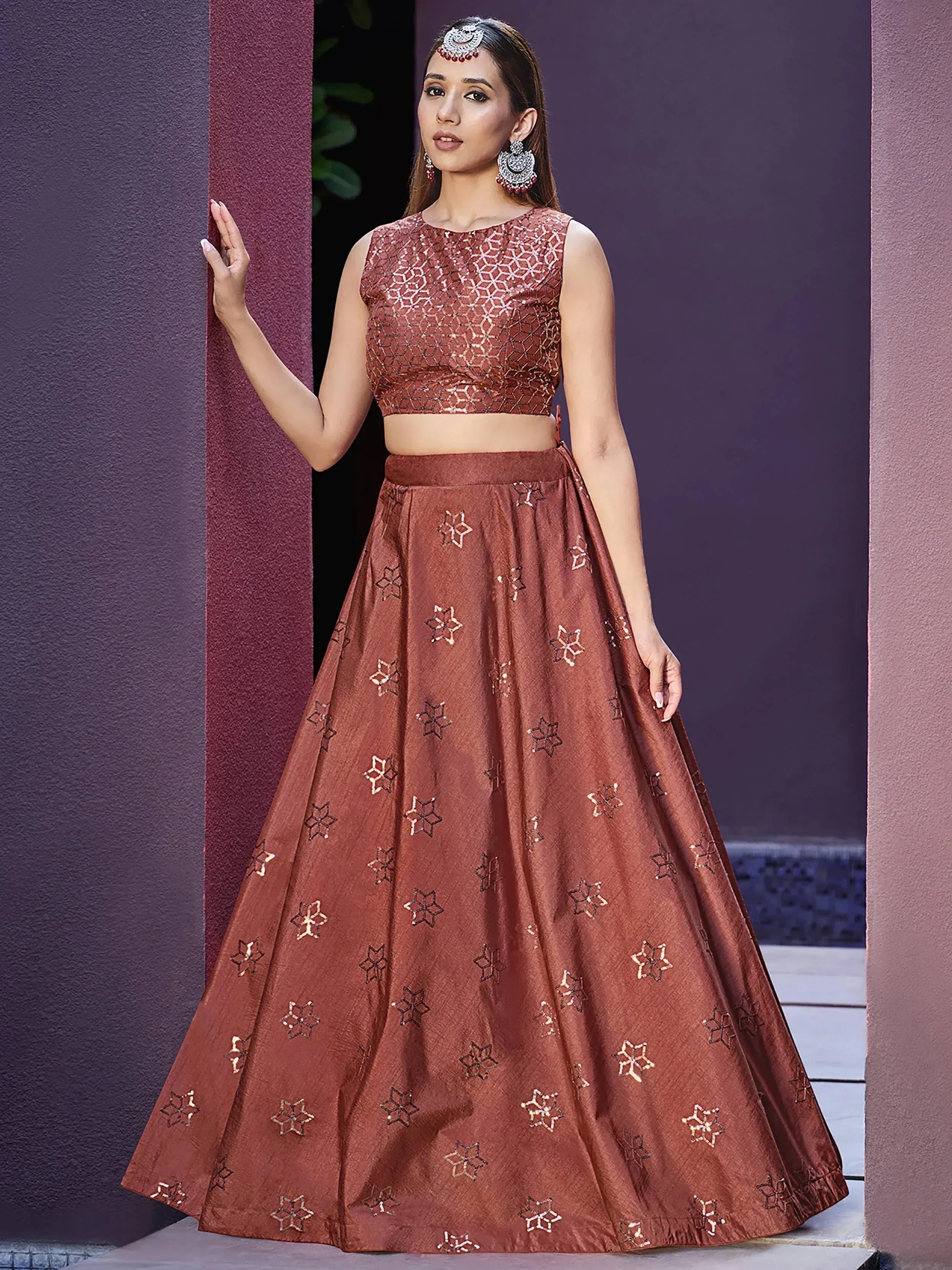 Fascinating Rustic Orange Sequinced Silk Lehenga Choli With Jacket
