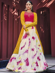 Pretty Beige Cotton Shibori Print Festive Wear Lehenga Choli with Shrug