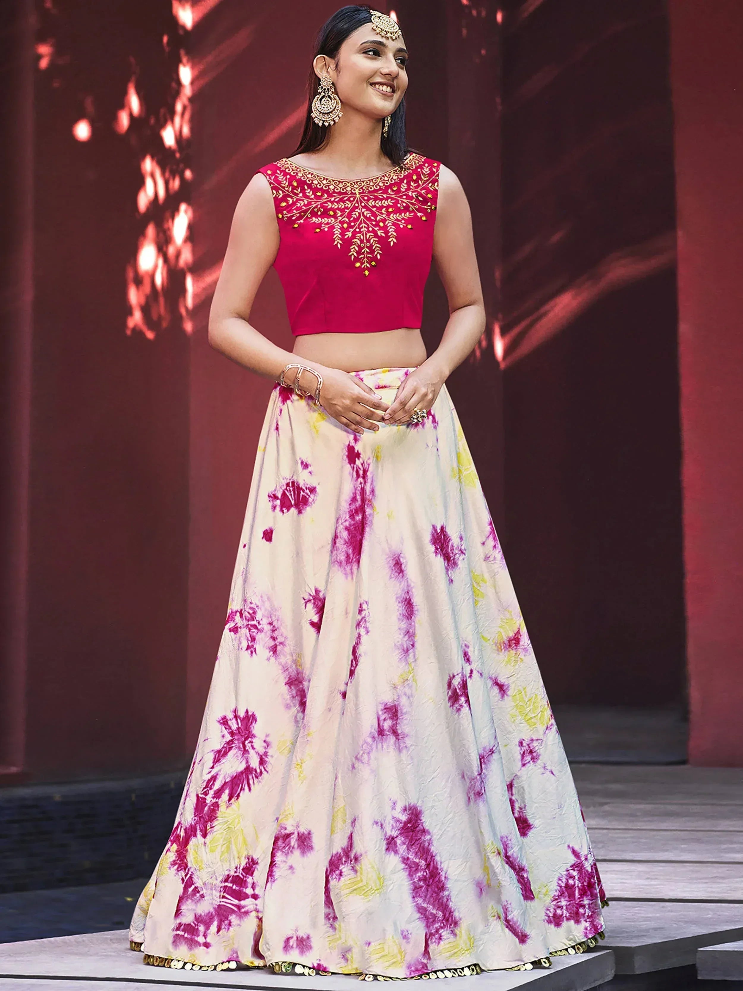 Pretty Beige Cotton Shibori Print Festive Wear Lehenga Choli with Shrug