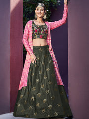 Graceful Olive Green Sequinced Art Silk festive Lehenga Choli with shrug