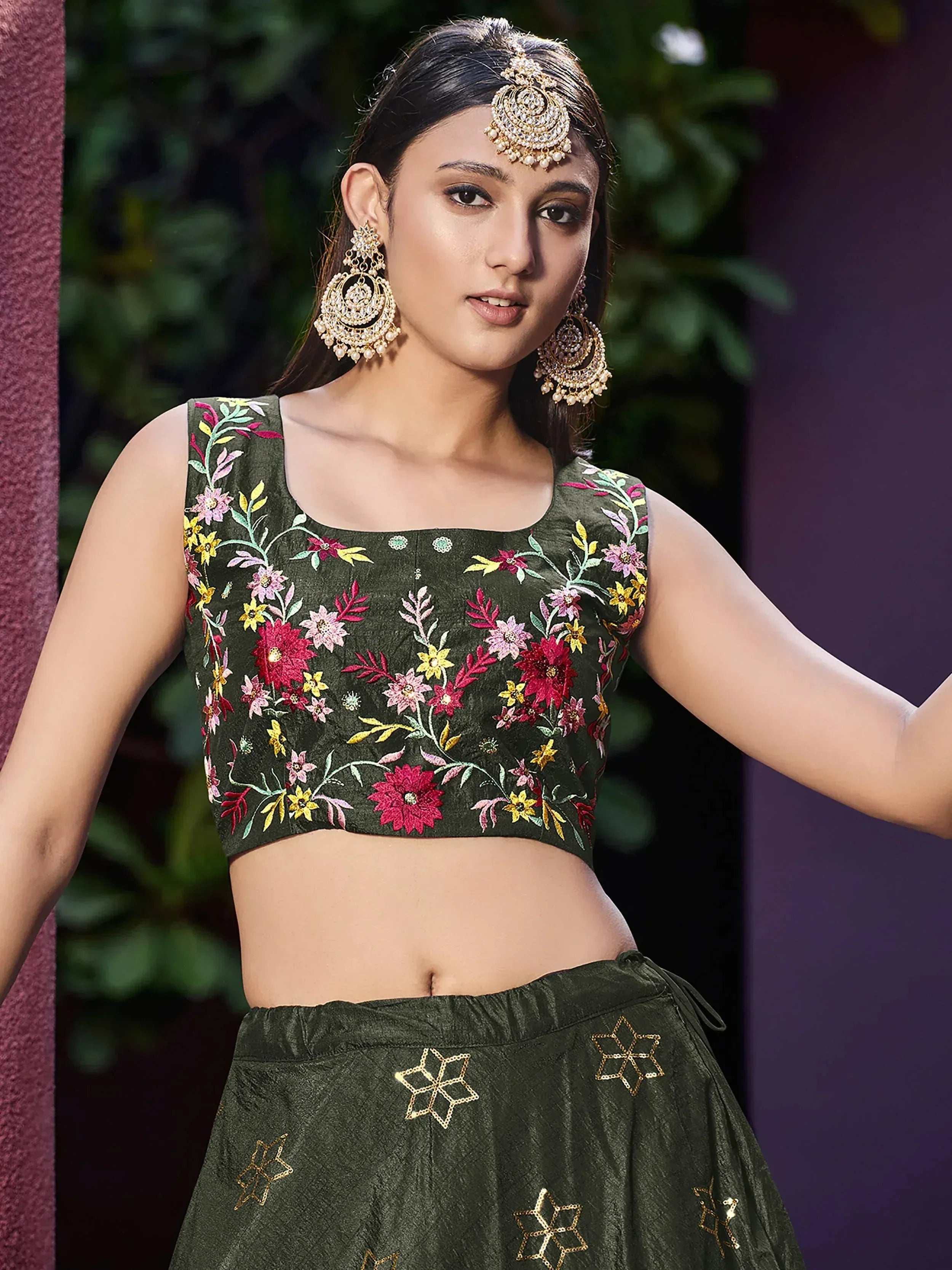 Graceful Olive Green Sequinced Art Silk festive Lehenga Choli with shrug
