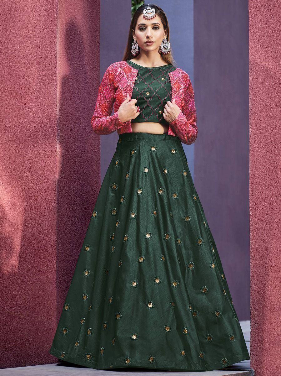 Green embroidered lehenga choli with pink jacket, Indian ethnic wear for women