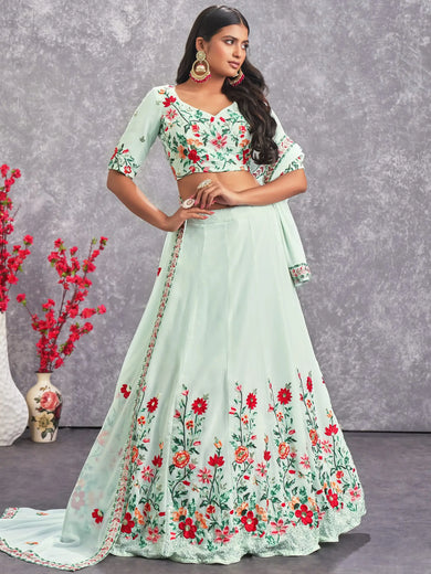 Prodigious Sea Green Sequins Embroidery Georgette Lehenga Choli