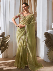 Adorable Pista Green Border Work Mehendi Wear Saree With Blouse