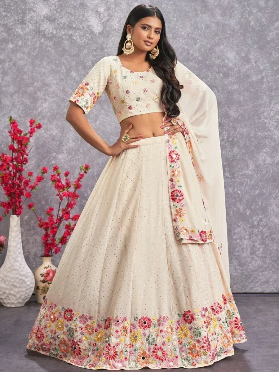 Cream floral embroidered lehenga choli with dupatta, Indian ethnic wear for women