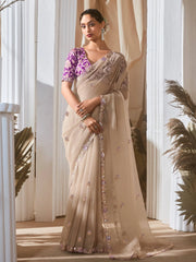 Awesome Beige Organza Sequins Saree With Floral Printed Blouse