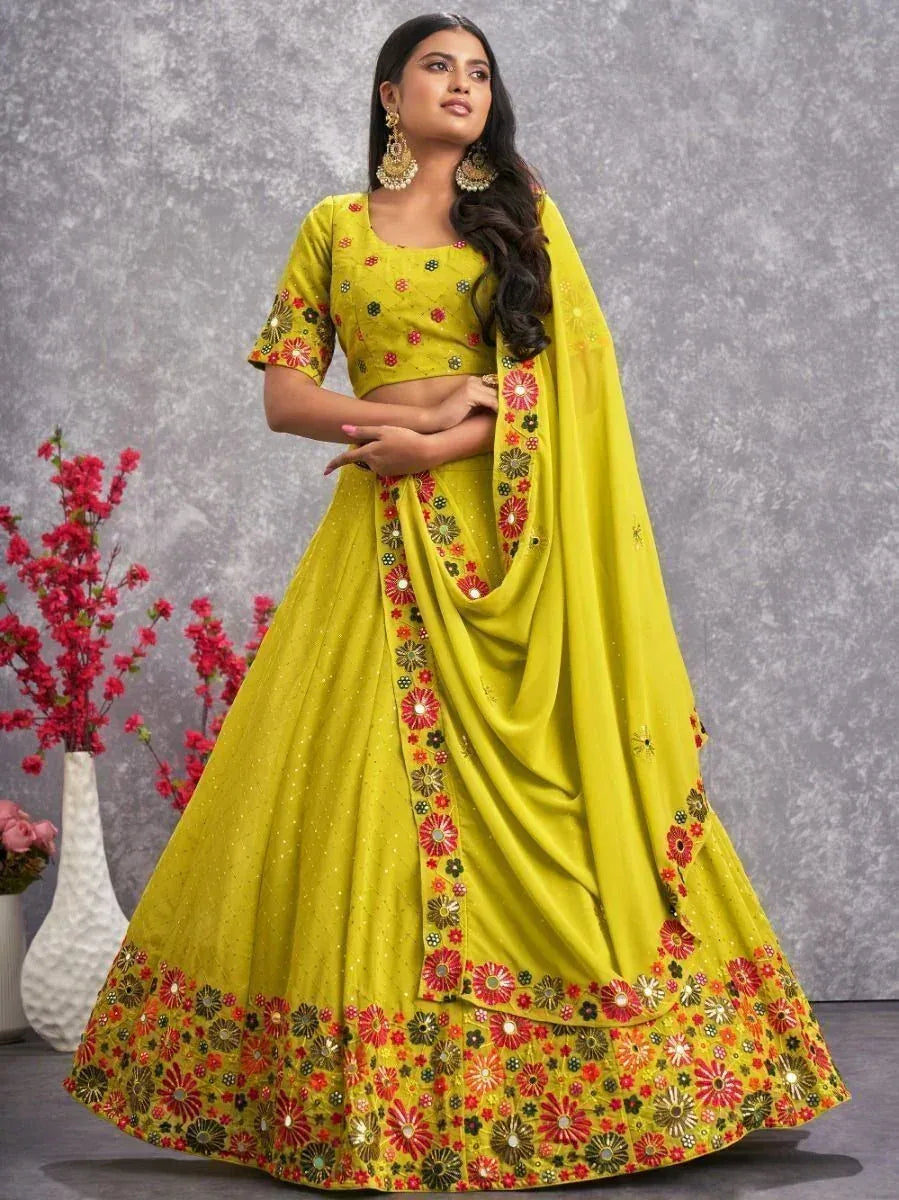 Yellow floral embroidered lehenga choli with matching dupatta, perfect for Indian ethnic occasions