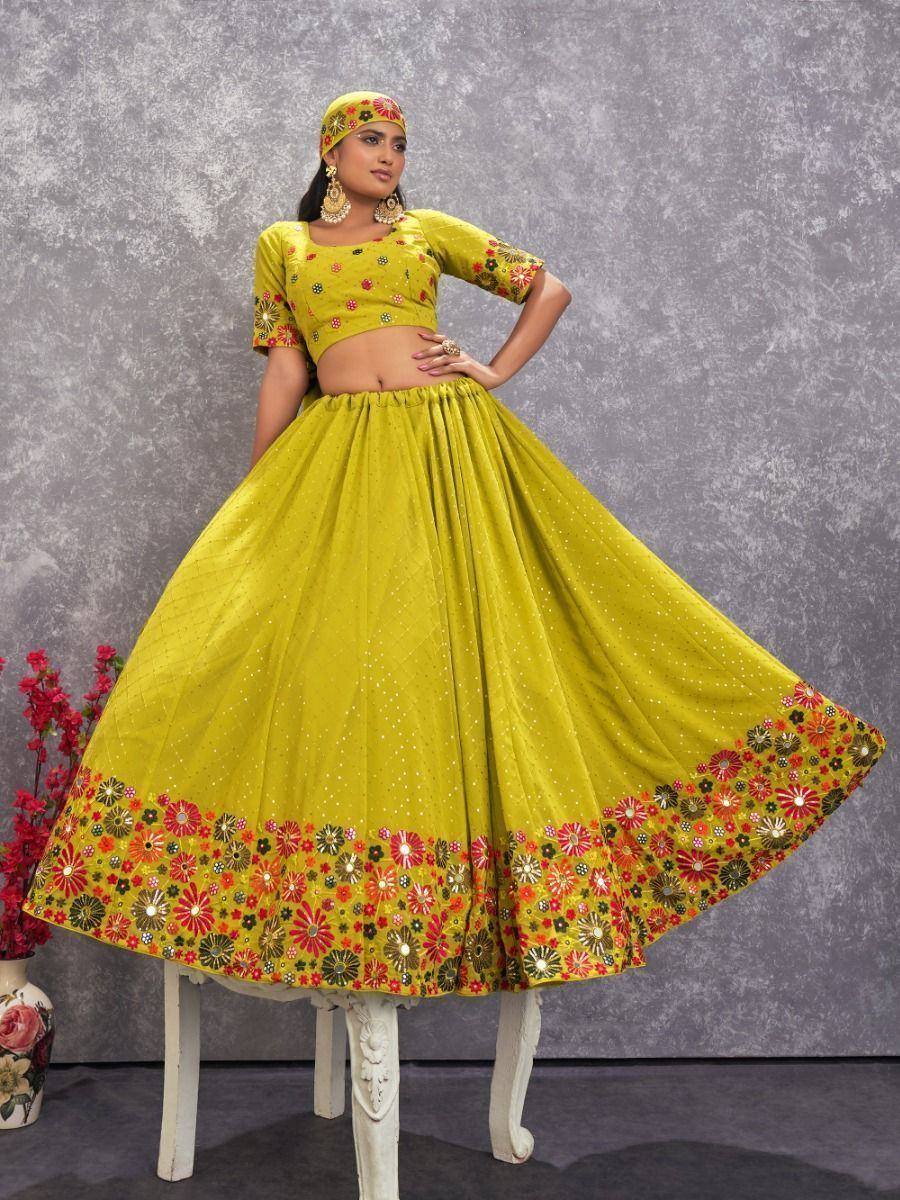 Vibrant yellow floral embroidered lehenga choli with matching dupatta, perfect for Indian ethnic occasions