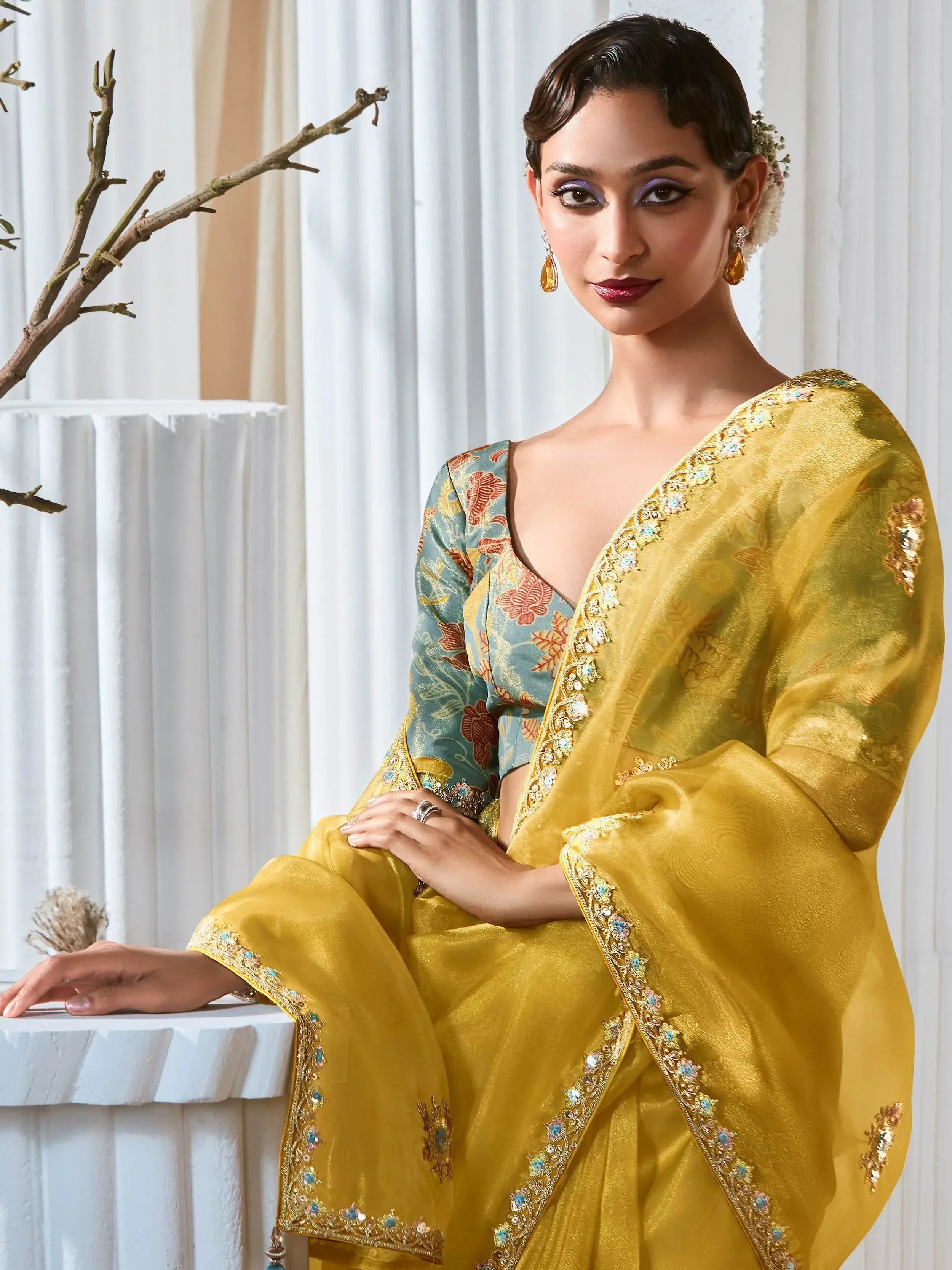 Yellow embroidered ethnic gown with floral blouse, perfect for Indian occasions and weddings