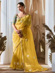 Gleaming Yellow Butti Work Haldi Wear Saree With Printed Blouse