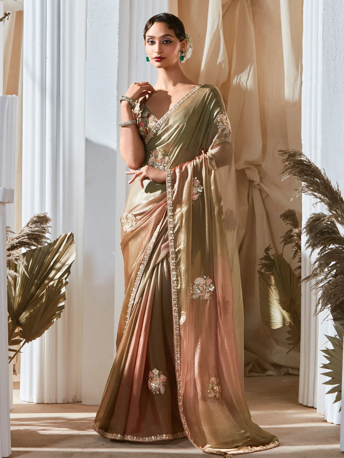 Elegant olive and gold embroidered saree with floral embellishments, perfect for Indian ethnic wear occasions
