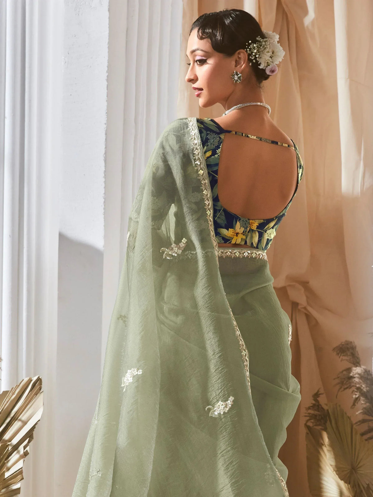 Green floral saree with sequin border and backless blouse, Indian ethnic wear