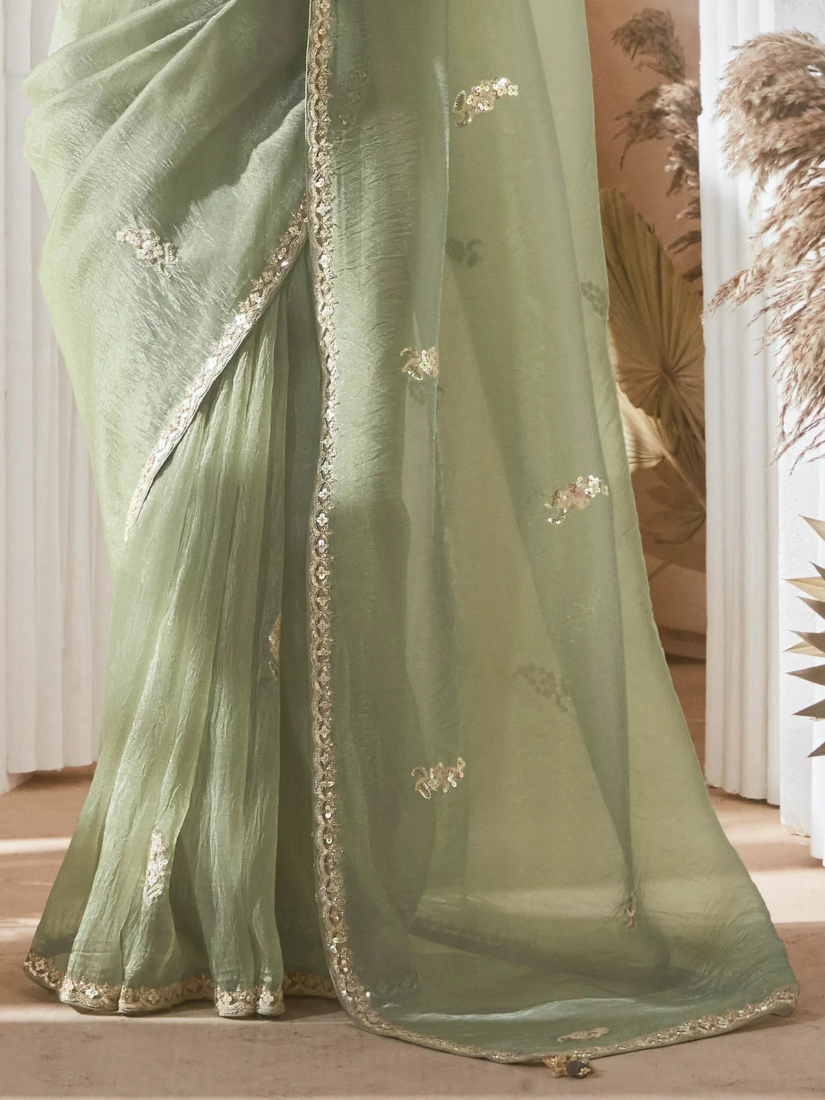 Mint green saree with gold sequin embroidery and border, Indian ethnic wear
