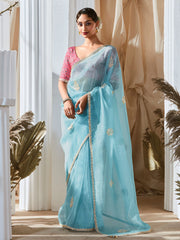 Precious Sky Blue Organza Thread Work Saree With Pink Blouse
