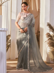 Regal Grey Organza Border Work Traditional Saree With Peach Blouse