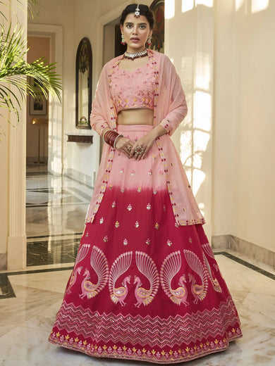 Stunning Peach-Pink Sequins Work Silk Lehenga Choli