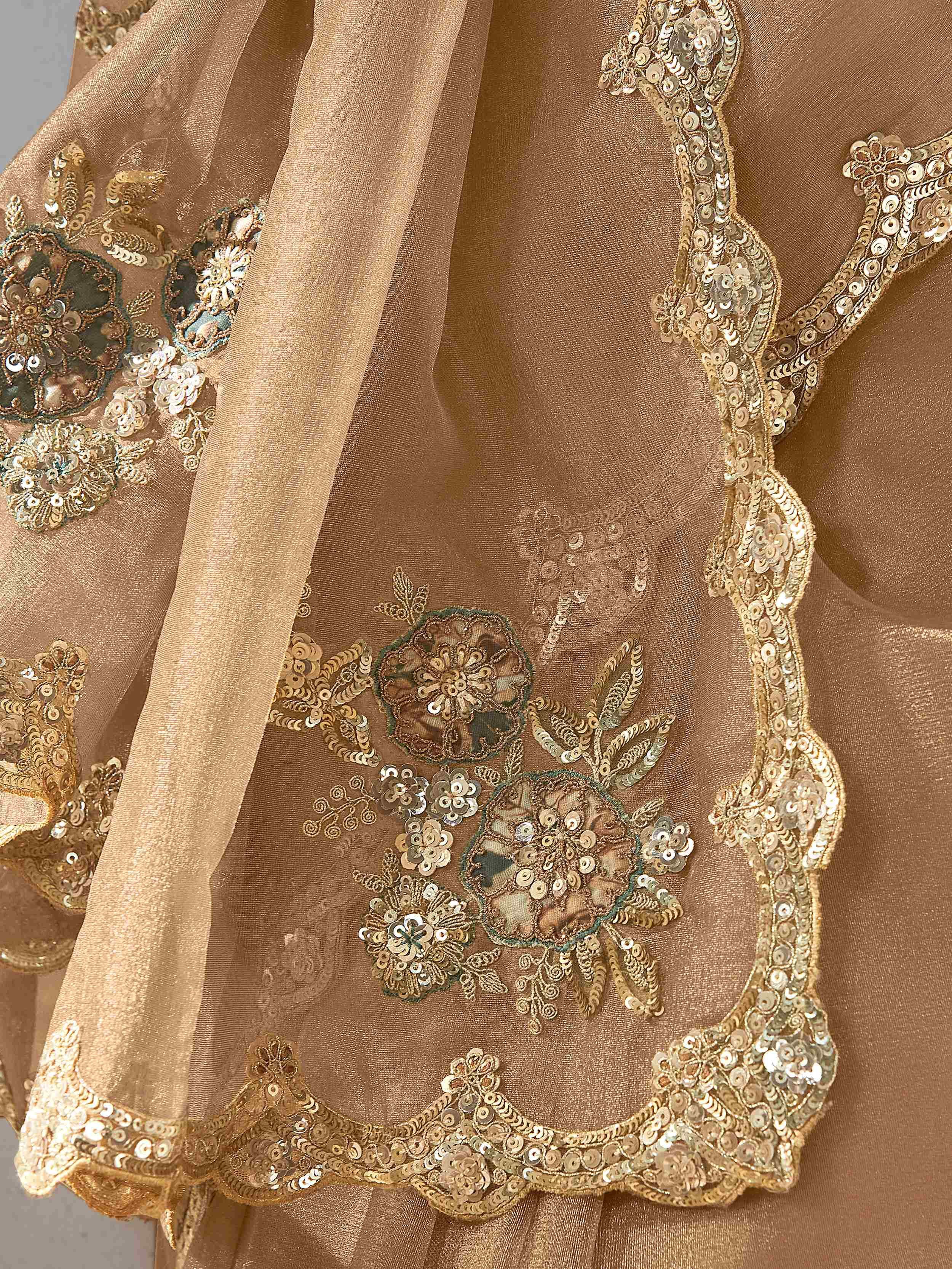 Mesmerizing Beige Organza Border Work Saree With Green Printed Blouse