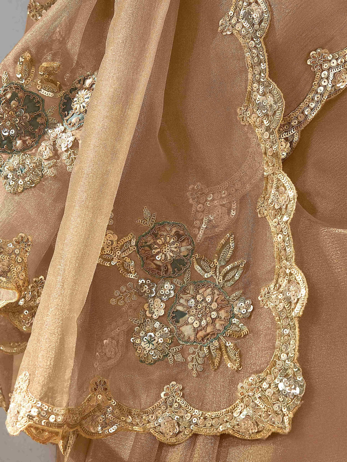 Gold sequin embroidered ethnic gown with floral detailing and sheer overlay