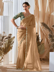 Mesmerizing Beige Organza Border Work Saree With Green Printed Blouse